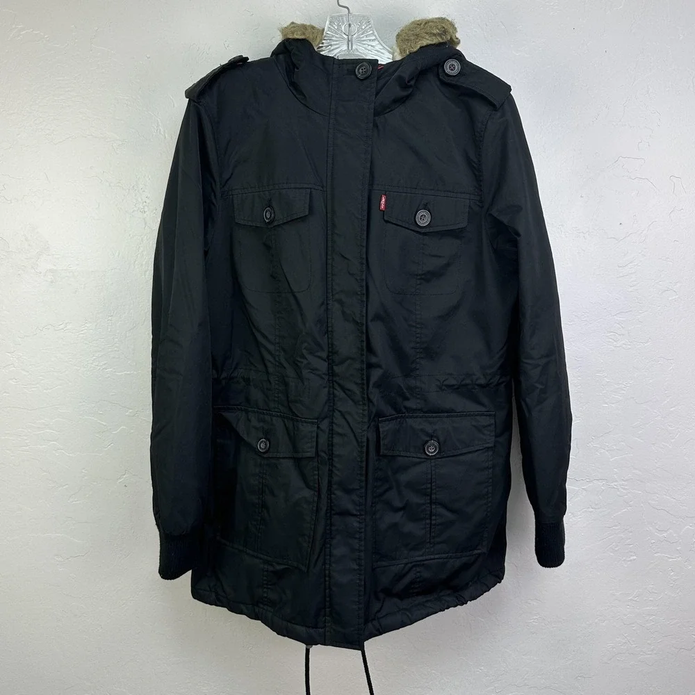 Levis Jacket Mens Large Black‎ Sherpa Lined Parka Faux Fur Hood Quilted Coat